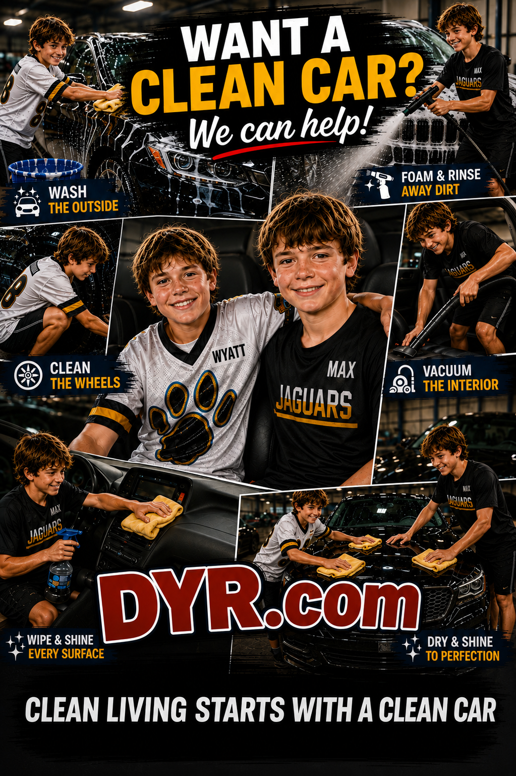 Two brothers washing, foaming, vacuuming and shining cars for DYR.com car wash